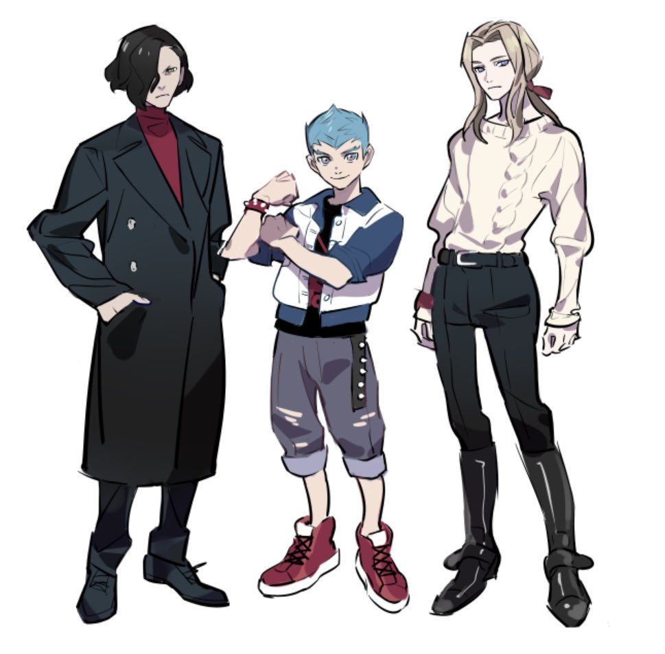 3boys, alternate_costume, black_coat, black_hair, blonde_hair, blue_eyes, blue_hair, caspar_von_bergliez
