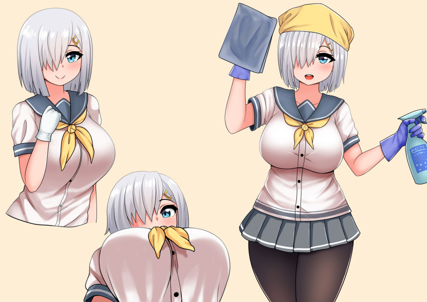 against_glass, bandana, bangs, blue_eyes, blush, bottle, breasts, cleaning