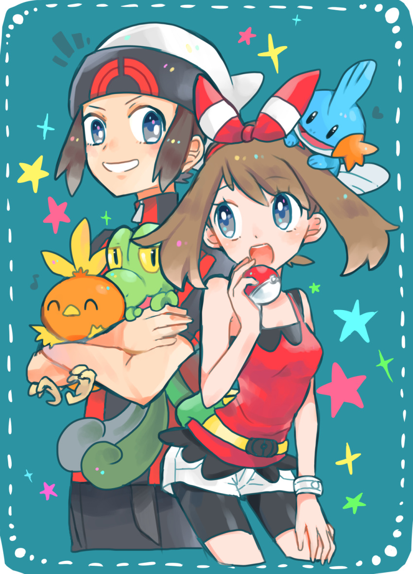 1boy, 1girl, bangs, bare_shoulders, beanie, belt, bike_shorts, black_eyes