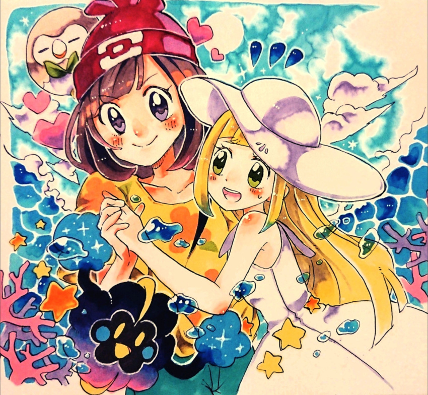 2girls, absurdres, aqua_shorts, bangs, beanie, black_eyes, blank_eyes, blonde_hair, blue_sky, blush, blush_stickers, brown_hair, closed_mouth, clouds, collarbone, coral, cosmog, day, dress, eyebrows_visible_through_hair, flat_chest, floral_print, gen_7_pokemon, green_eyes, hand_up, happy, hat, heart, highres, holding_hands, legendary_pokemon, lillie_(pokemon), long_hair, looking_at_viewer, mizuki_(pokemon), multiple_girls, nago_celica, notice_lines, open_mouth, outdoors, poke_ball_symbol, poke_ball_theme, pokemon, pokemon_(creature), pokemon_(game), pokemon_sm, red_headwear, rowlet, shirt, short_hair, short_sleeves, shorts, sky, sleeveless, sleeveless_dress, smile, standing, star, sun_hat, sweat, teeth, traditional_media, water, white_dress, white_headwear, yellow_eyes, yellow_shirt