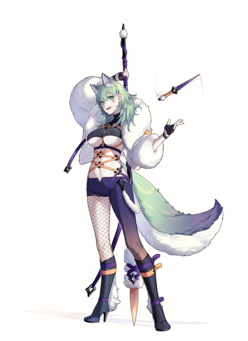 1girl, afterimage, alternate_costume, animal_ears, arm_up, asymmetrical_clothes, between_breasts, black_footwear, black_gloves, black_legwear, boots, breasts, byleth_(fire_emblem), byleth_eisner_(female), byleth_eisner_(female), clovisxvii, crop_top, dagger, fangs, female_my_unit_(fire_emblem:_three_houses), fingerless_gloves, fire_emblem, fire_emblem:_three_houses, fire_emblem_16, fishnet_legwear, fishnets, full_body, fur_coat, fur_trim, gloves, green_eyes, green_hair, halloween, high_heel_boots, high_heels, highres, intelligent_systems, looking_at_viewer, medium_breasts, medium_hair, midriff, my_unit_(fire_emblem:_three_houses), navel, nintendo, open_mouth, pants, polearm, simple_background, single_pantsleg, solo, spear, standing, strap_between_breasts, super_smash_bros., tail, torn_clothes, torn_pants, turtleneck, under_boob, weapon, white_background, wolf_ears, wolf_tail