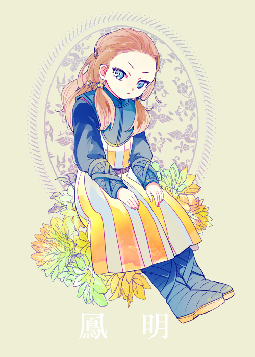 1boy, asako_(itiba), blue_eyes, boots, brown_hair, character_name, floral_background, flower, full_body, gohoumei_(kingdom), hair_behind_ear, hair_pulled_back, hair_tubes, invisible_chair, kingdom, long_hair, long_sleeves, looking_at_viewer, pink_nails, robe, sitting, solo, striped, vertical_stripes, very_long_hair