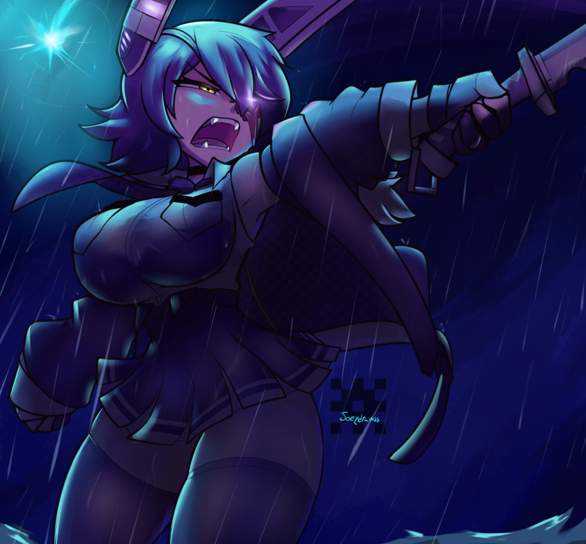 1girl, black_jacket, breasts, checkered, checkered_neckwear, clenched_hand, eyepatch, flare