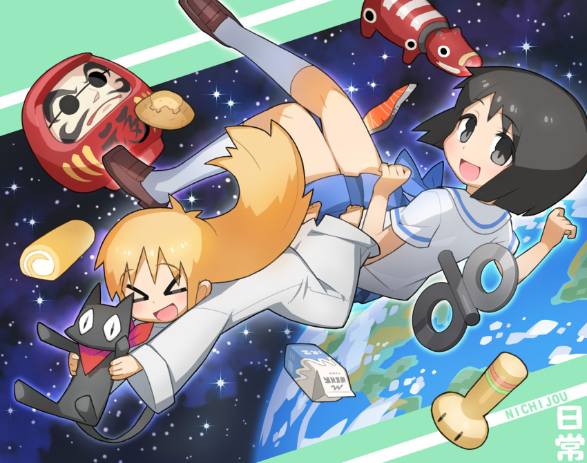 >_<, 2girls, :d, akabeko, barefoot, black_cat, black_eyes, black_hair, blonde_hair, blue_skirt, brown_footwear, cake, cat, commentary_request, copyright_name, daruma_doll, earth, floating, food, hands_up, holding, holding_cat, kokeshi, labcoat, loafers, long_hair, long_sleeves, looking_at_viewer, looking_back, milk_carton, multiple_girls, nichijou, open_mouth, pleated_skirt, professor_shinonome, red_scarf, saitou_naoki, sakamoto_(nichijou), salmon, scarf, school_uniform, shinonome_nano, shirt, shoes, short_sleeves, skirt, smile, space, star_(sky), swiss_roll, tokisadame_school_uniform, w_arms, white_legwear, white_shirt, winding_key, xd