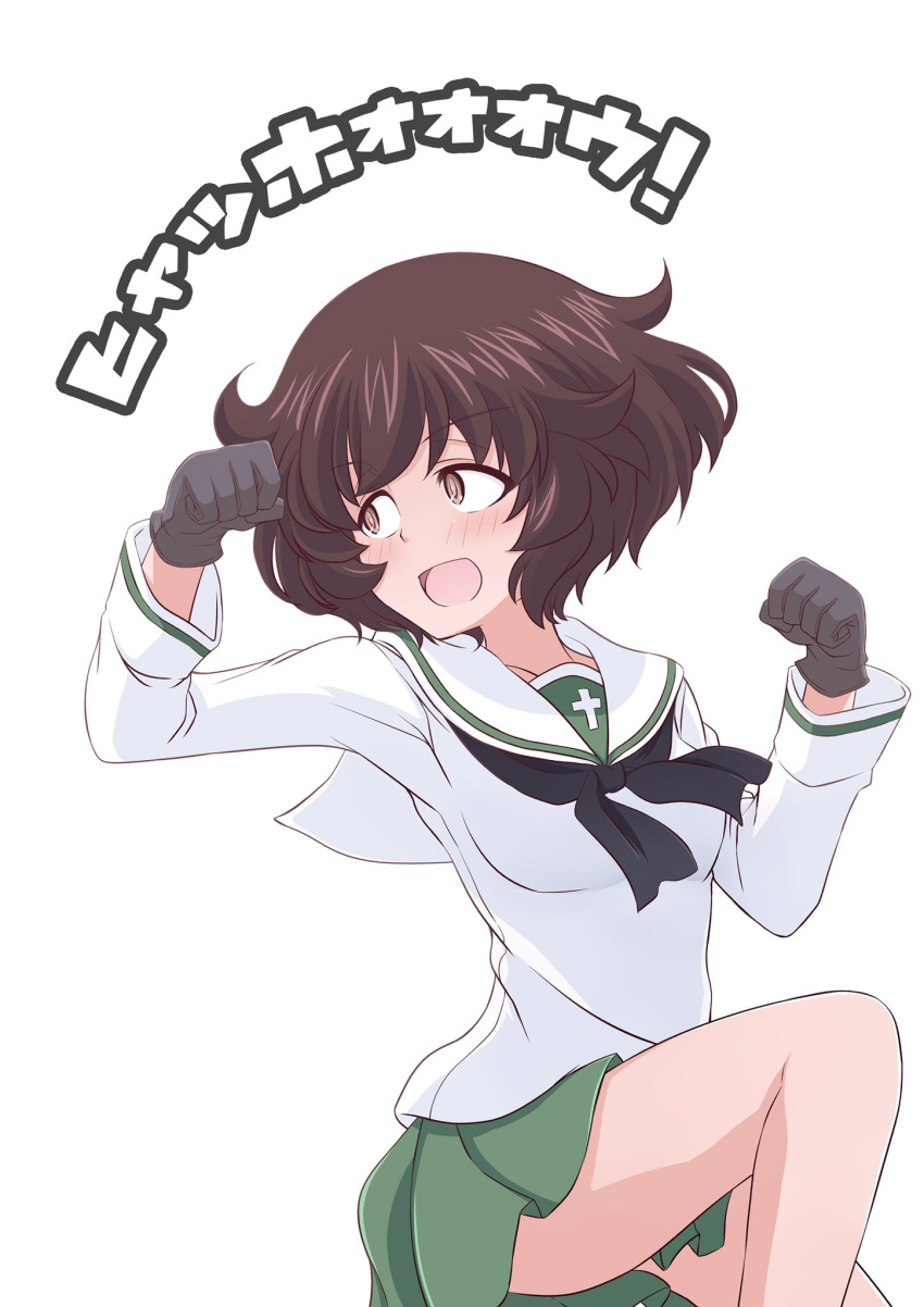 1girl, akiyama_yukari, bangs, black_gloves, black_neckwear, blouse, blush, brown_eyes