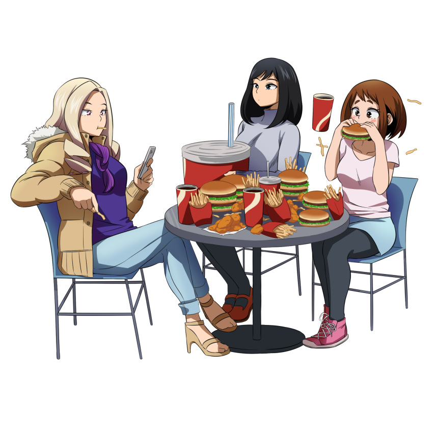 3girls, black_legwear, boku_no_hero_academia, brown_eyes, brown_hair, denim, felipe_godoy, food