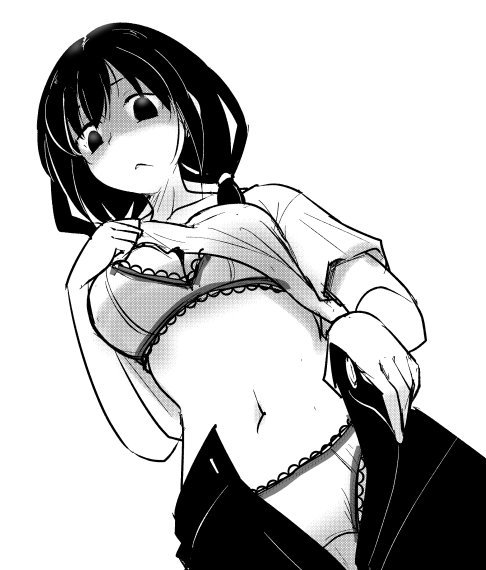 black_hair, bra, dokuna, from_below, low_twintails, monochrome, panties, tamura_yuri