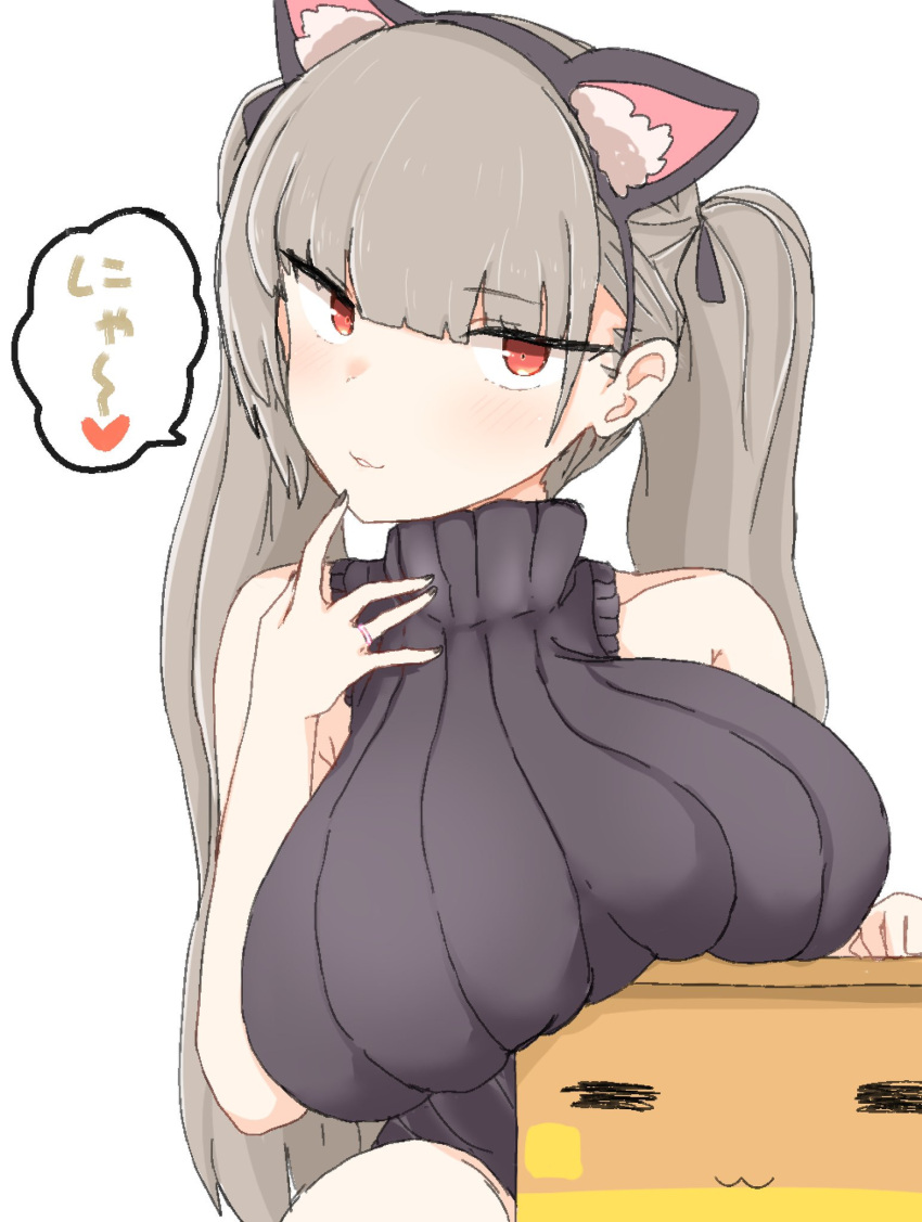 1girl, animal_ears, azur_lane, bangs, bare_shoulders, black_neckwear, blush, breast_rest, breasts, cat_ears, fake_animal_ears, formidable_(azur_lane), grey_hair, grin, highres, jewelry, large_breasts, looking_at_viewer, red_eyes, ring, ro_(aahnn), smile, sweater, twintails, wedding_band