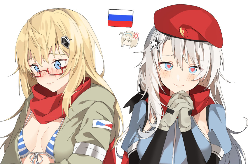 3girls, 9a-91_(girls_frontline), ahoge, anger_vein, aogisa, as_val_(girls_frontline), bangs, beret