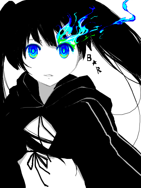 black&acirc;&tilde;&hellip;rock_shooter, black_rock_shooter, black_rock_shooter_(character), blue_eyes, midriff, rike_(pixiv), solo, twintails