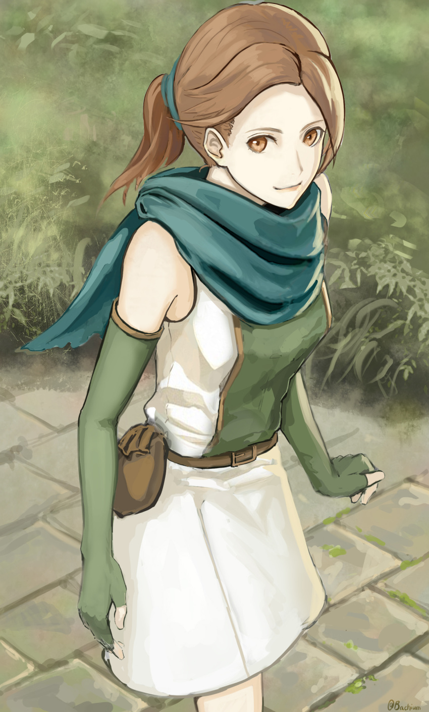 1girl, absurdres, asymmetrical_bangs, bangs, belt, belt_buckle, blue_scarf, brown_belt, brown_eyes, brown_hair, buckle, cath_(fire_emblem), closed_mouth, elbow_gloves, fingerless_gloves, fire_emblem, fire_emblem:_the_binding_blade, gloves, green_gloves, highres, looking_at_viewer, medium_hair, miniskirt, ponytail, samohichi, scarf, shirt, skirt, sleeveless, sleeveless_shirt, smile, solo, standing, walking, white_skirt