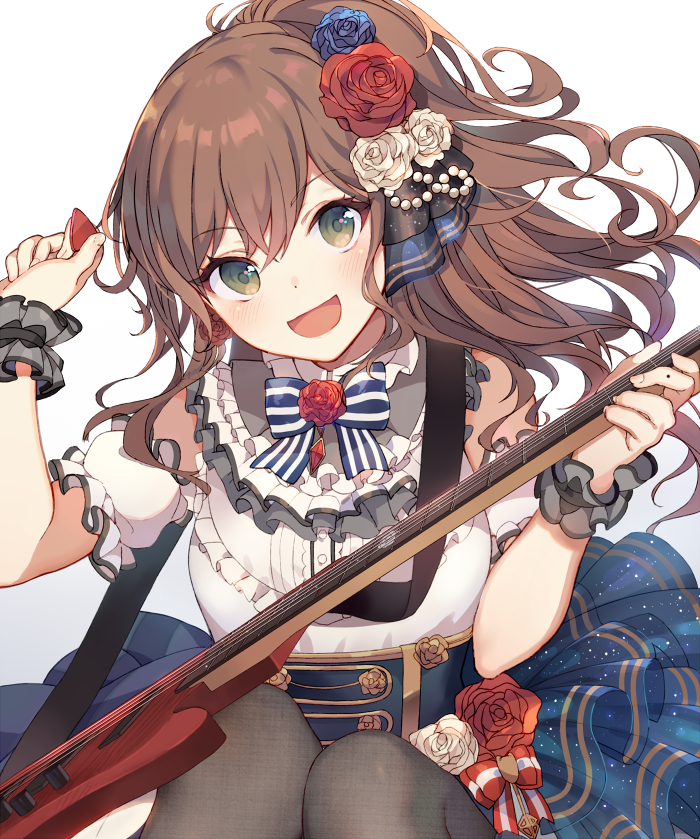 1girl, arms_up, bang_dream!, bangs, bass_guitar, black_legwear, black_straps, blue_flower