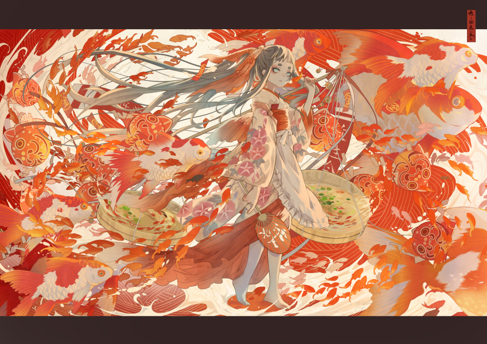 1girl, apron, aqua_eyes, bangs, barefoot, basin, black_hair, blunt_bangs