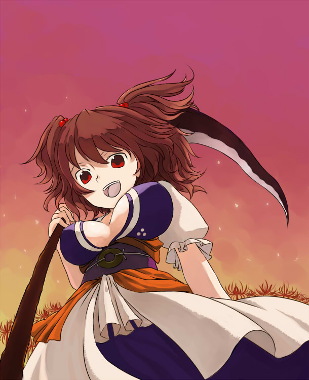 breasts, brown_hair, ichii, ichii_(retroco), onozuka_komachi, red_hair, redhead, scythe