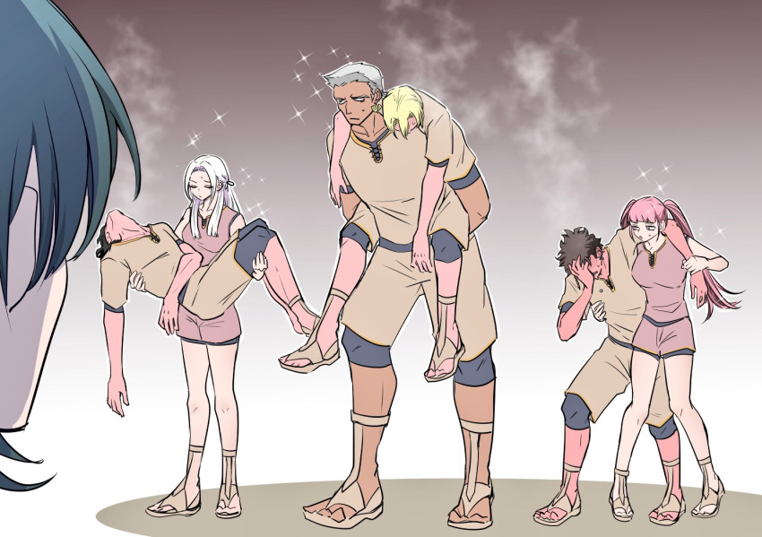 3girls, 4boys, black_hair, blonde_hair, blue_hair, brown_hair, byleth_(fire_emblem), byleth_eisner_(female), carrying, claude_von_riegan, closed_eyes, closed_mouth, comedy, dark_skin, dark_skinned_male, dedue_molinaro, dimitri_alexandre_blaiddyd, edelgard_von_hresvelg, fire_emblem, fire_emblem:_three_houses, grey_hair, hair_ribbon, hilda_valentine_goneril, hubert_von_vestra, long_hair, multiple_boys, multiple_girls, pink_hair, princess_carry, ribbon, shachoo_(poco_poco), short_hair, short_sleeves, shorts, sleeveless, sparkle, steam, twintails