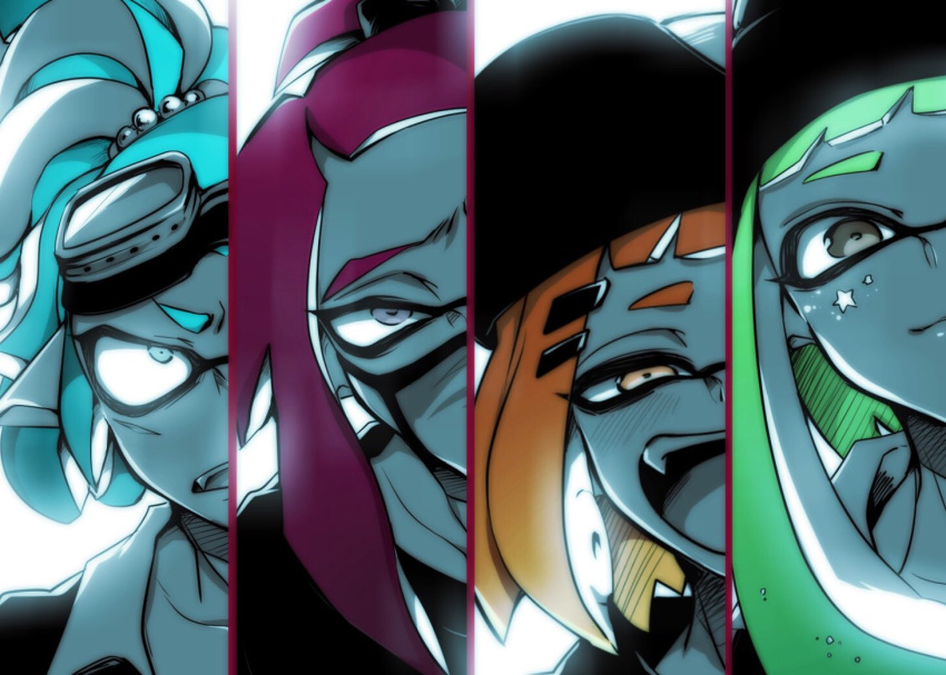 2boys, 2girls, aqua_hair, baseball_cap, blue_hair, blush, domino_mask, goggles