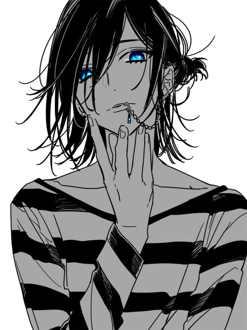 1boy, alternate_hair_length, alternate_hairstyle, bishounen, black_hair, blue_eyes, chain, collarbone