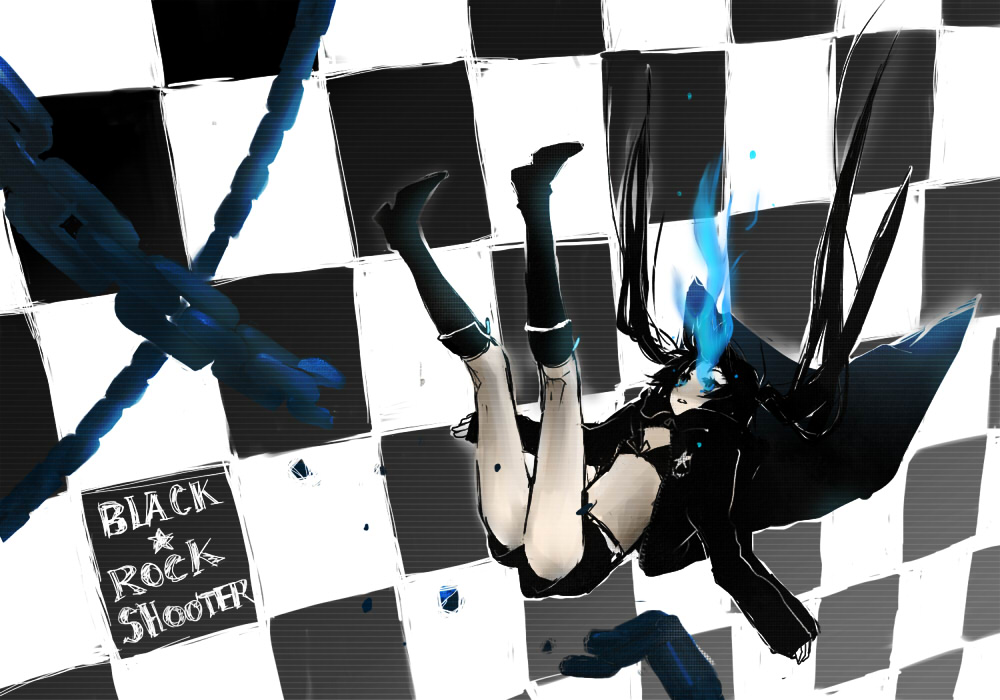 black_rock_shooter, black_rock_shooter_(character), blue_eyes, chain, chains, donburi_(artist), legs, midriff