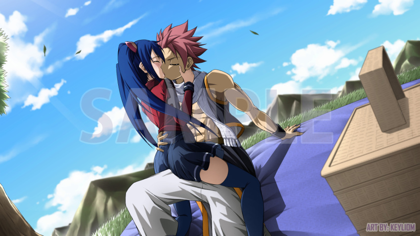1girl, bare_shoulders, blonde_hair, closed_eyes, fairy_tail, hands_on_another's_face, keyliom, kiss, long_hair, natsu_dragneel, pink_hair, pleated_skirt, scarf, sitting, sitting_on_person, skirt, spiky_hair, thigh-highs, twintails, wendy_marvell