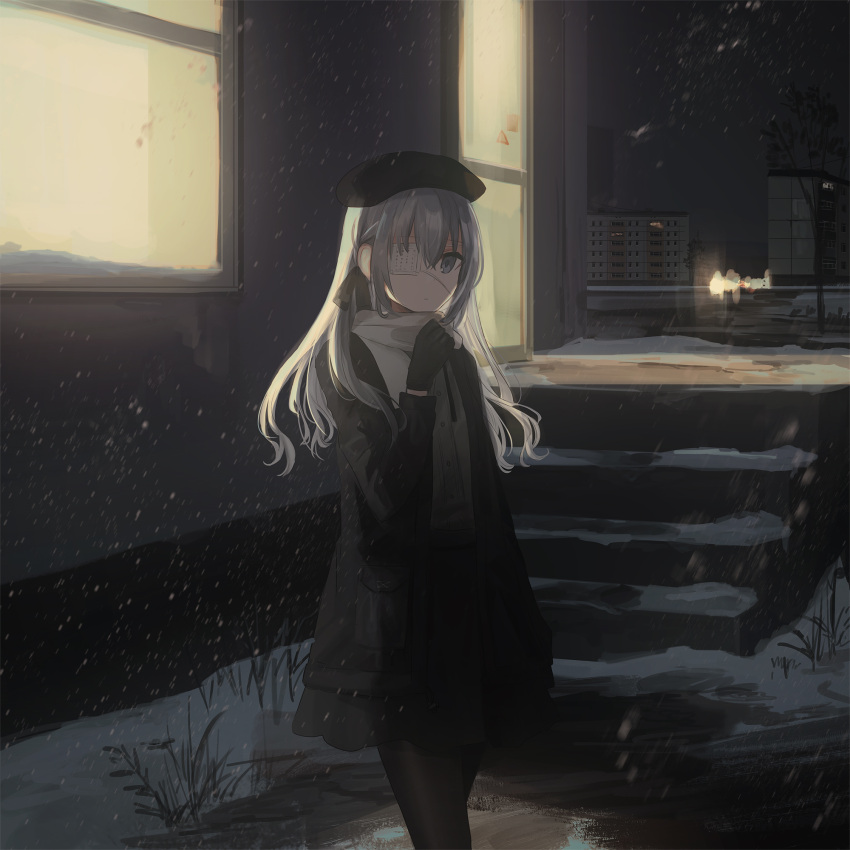 1girl, bangs, beret, black_gloves, black_headwear, black_jacket, black_legwear, black_ribbon, black_skirt, building, chihuri, closed_mouth, commentary_request, dress_shirt, eba_(chihuri), eyebrows_visible_through_hair, eyepatch, gloves, grey_eyes, grey_hair, hair_between_eyes, hair_ribbon, hand_up, hat, highres, jacket, long_hair, long_sleeves, looking_at_viewer, medical_eyepatch, night, night_sky, open_clothes, open_jacket, original, outdoors, pantyhose, ribbon, scarf, shirt, skirt, sky, snow, snowing, solo, stairs, standing, stone_stairs, tree, white_scarf, white_shirt, window