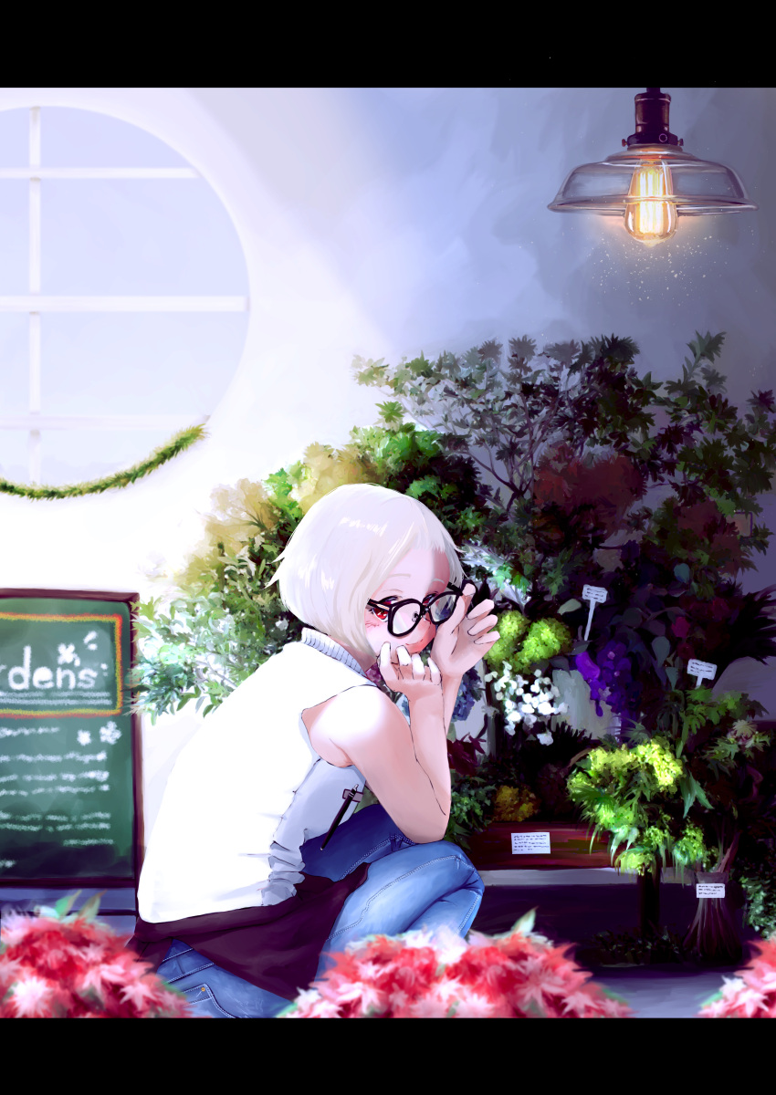 1girl, absurdres, black-framed_eyewear, denim, florist, flower, glasses, highres