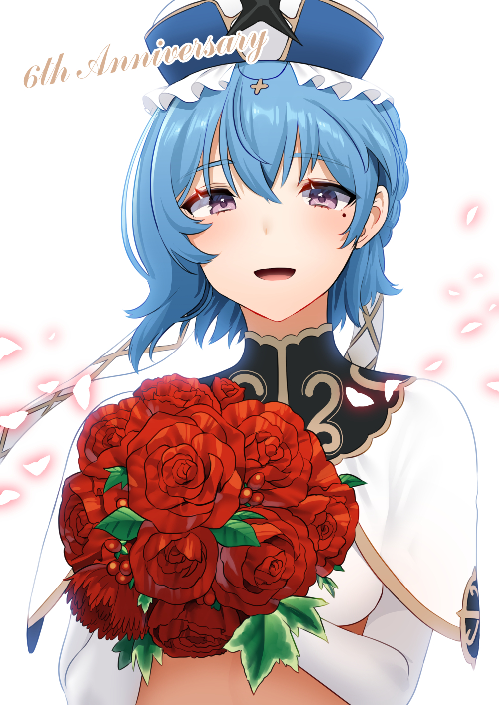 1girl, :d, anniversary, bangs, blue_hair, blue_headwear, blush, bouquet