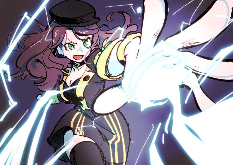 1girl, brown_hair, choker, dorothea_arnault, dress, fire_emblem, fire_emblem:_three_houses, foreshortening, garreg_mach_monastery_uniform, green_eyes, hat, lightning, long_hair, magic, miyazaki_shiori, thigh-highs