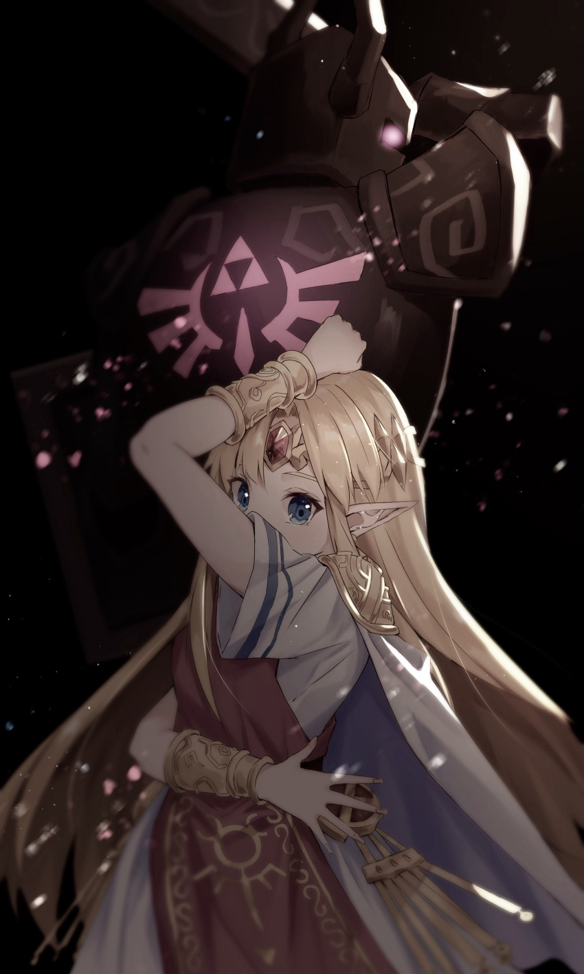 1girl, 1other, absurdres, arm_around_waist, arm_up, blonde_hair, blue_eyes, blurry, bracer, cape, circlet, commentary_request, cowboy_shot, dark_background, depth_of_field, dress, forehead_jewel, glowing, highres, long_hair, looking_at_viewer, pauldrons, phantom_(the_legend_of_zelda), pink_eyes, pointy_ears, pose, princess_zelda, ruby_(gemstone), short_sleeves, shoulder_armor, spread_fingers, super_smash_bros., tabard, tete_tuyuten, the_legend_of_zelda, the_legend_of_zelda:_a_link_between_worlds, the_legend_of_zelda:_a_link_to_the_past, the_legend_of_zelda:_spirit_tracks, very_long_hair, white_cape, white_dress
