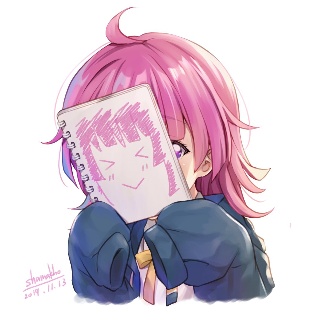 >_<, 1girl, :>, ahoge, artist_name, backlighting, bangs, blue_sweater