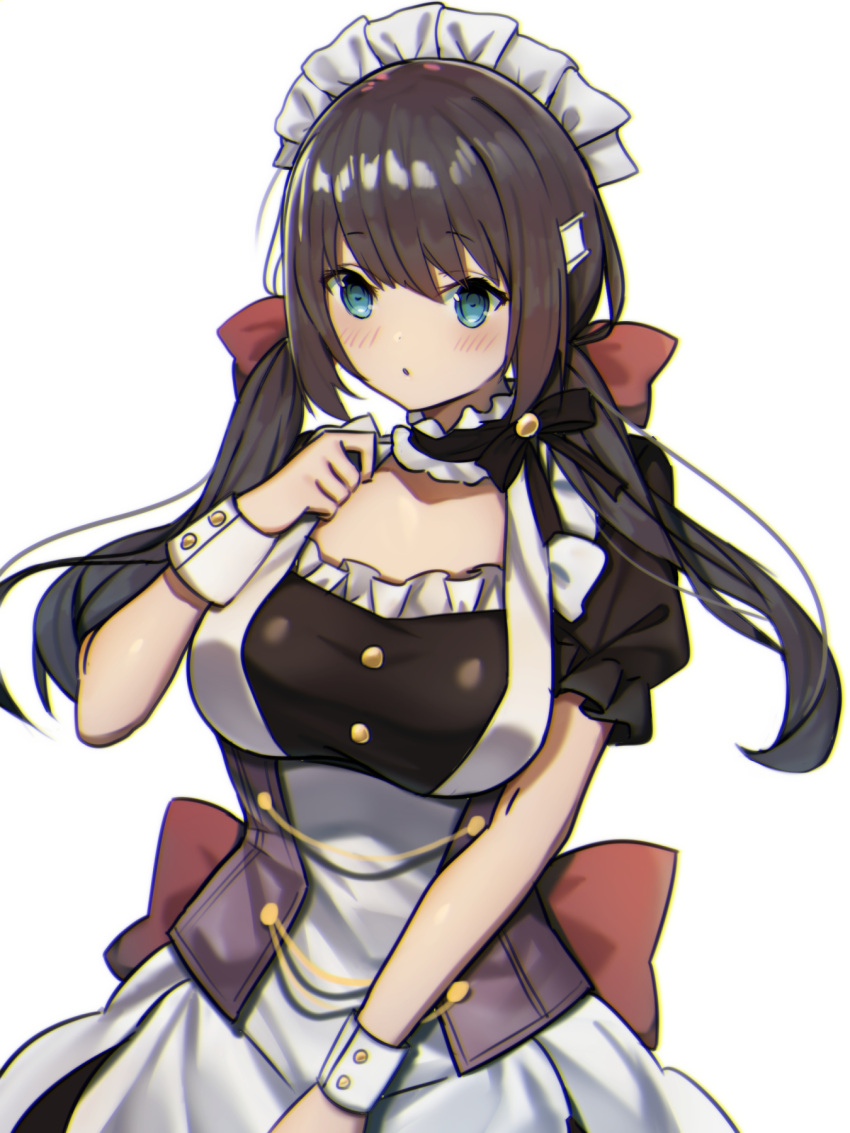 1girl, apron, aqua_eyes, azur_lane, back_bow, bangs, black_dress, bow
