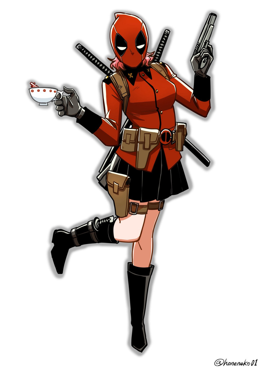 1girl, belt, black_footwear, black_gloves, black_skirt, boot_knife, boots, commentary