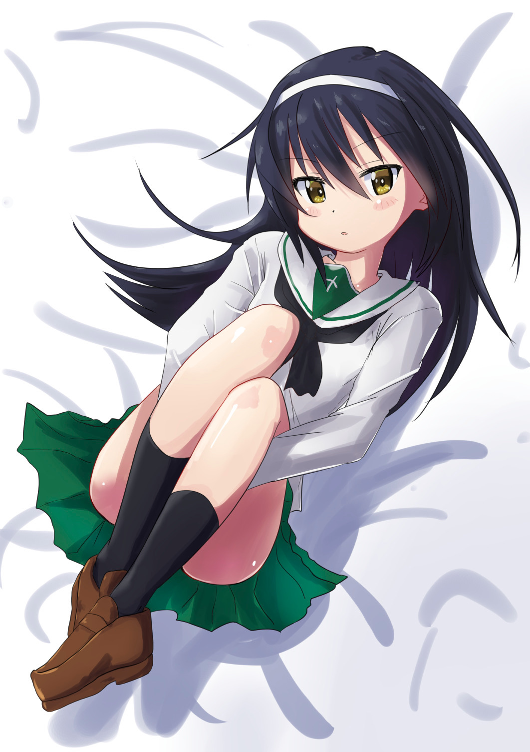 1girl, bangs, bed_sheet, black_hair, black_legwear, black_neckwear, blouse, blush