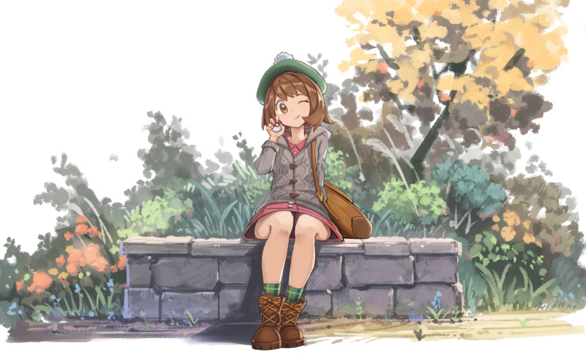 1girl, ;), ankle_boots, autumn, bag, bangs, blush, boots