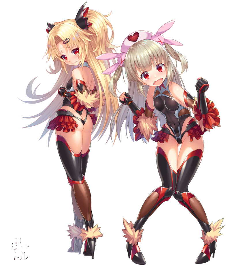 2girls, :d, akatsuki_yuni, ass, ass_visible_through_thighs, bad_proportions, bangs, bare_shoulders