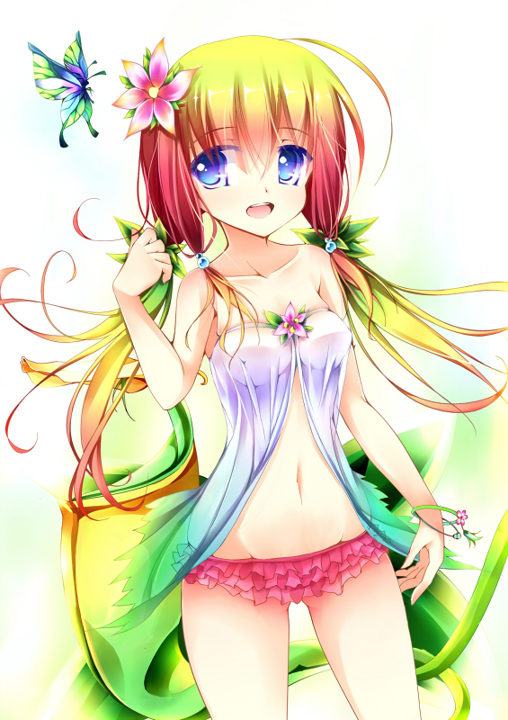 1girl, :d, ass_visible_through_thighs, bangle, bare_shoulders, blonde_hair, blue_eyes, bracelet, breasts, duel_monster, flower, frilled_panties, frills, gradient_hair, green_butterfly, hair_flower, hair_ornament, hand_up, jewelry, kazura_the_mesmerizing_maneater, kouusagi, long_hair, looking_at_viewer, low_twintails, multicolored_hair, navel, open_mouth, panties, pink_panties, simple_background, small_breasts, smile, solo, standing, twintails, underwear, white_background, yuu-gi-ou