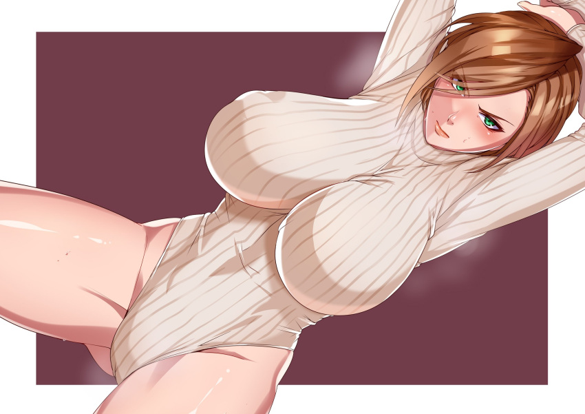 1girl, apollonia_vaar, arms_behind_head, arms_up, blush, breasts, brown_hair, closed_mouth, commentary_request, dutch_angle, granblue_fantasy, green_eyes, harunori_oogami, highres, large_breasts, leotard, looking_at_viewer, medium_hair, ribbed_sweater, sweatdrop, sweater, thighs