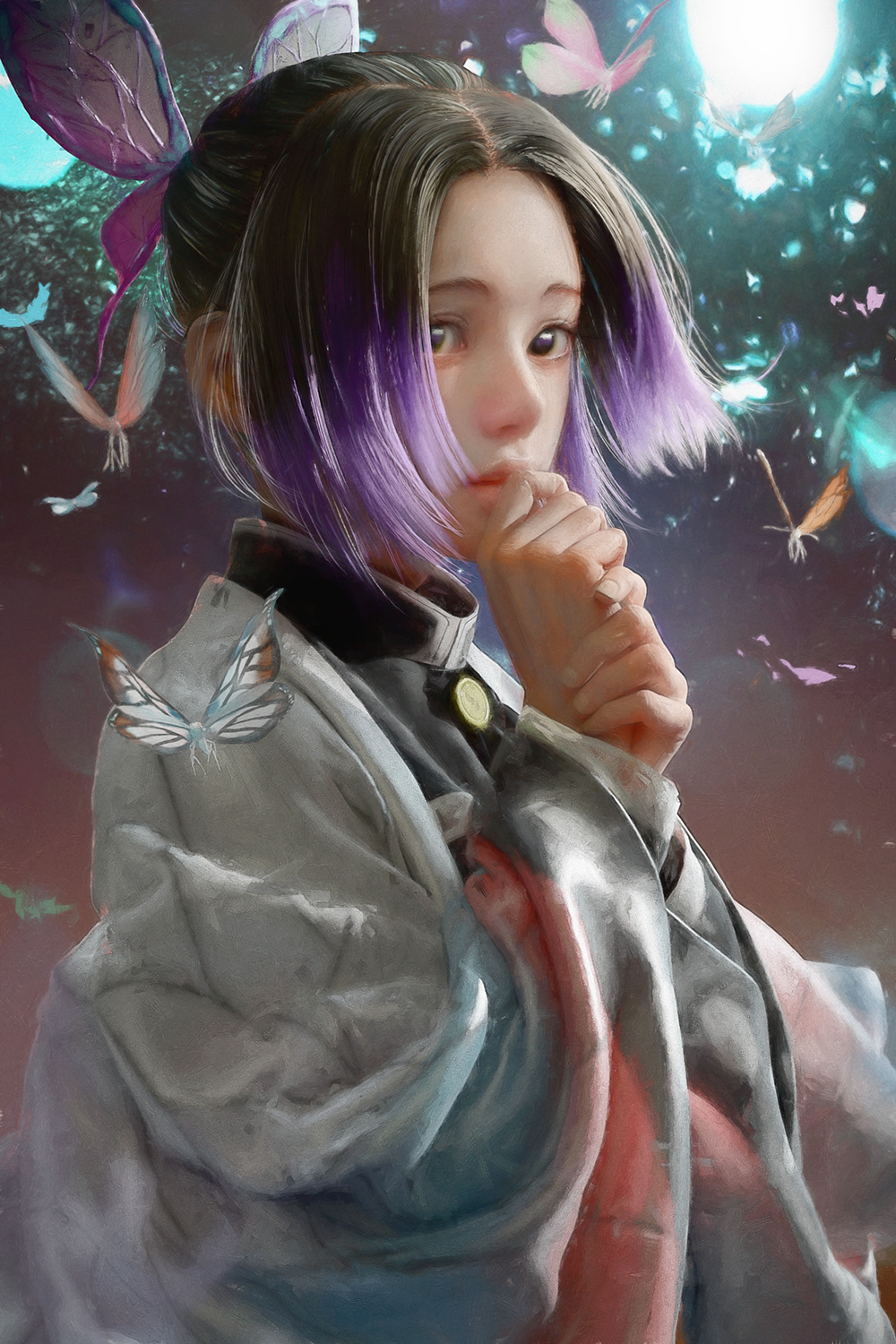 1girl, animal_print, bangs, belt, blue_butterfly, blush, bug, butterfly