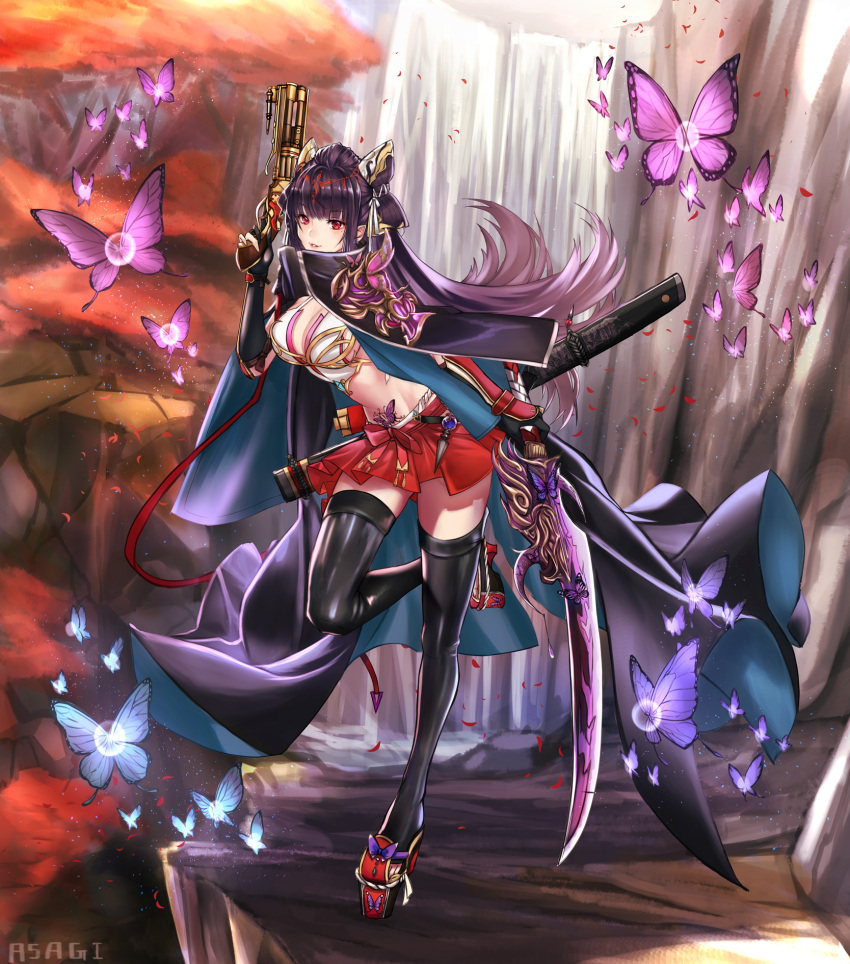 1girl, asagik23, black_legwear, breasts, bug, butterfly, hair_ornament, highres