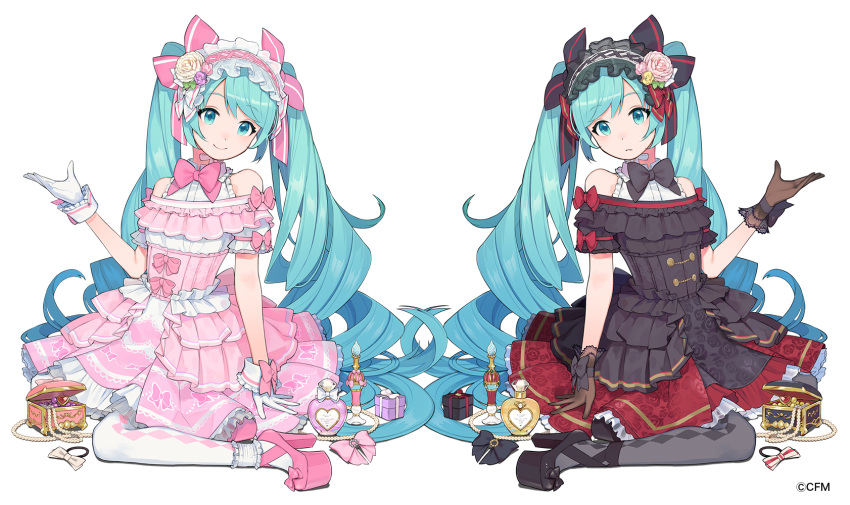 2girls, absurdly_long_hair, argyle, argyle_legwear, arm_at_side, bare_arms, bare_shoulders, black_dress