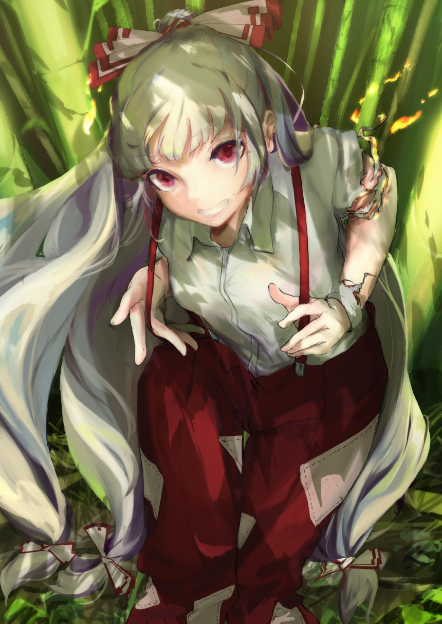 1girl, baggy_pants, bamboo, bamboo_forest, bangs, bow, burning, burning_clothes