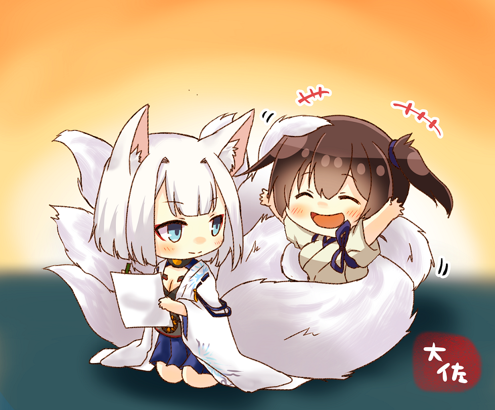 2girls, animal_ears, azur_lane, blue_eyes, brown_eyes, brown_hair, chibi, eyebrows_visible_through_hair