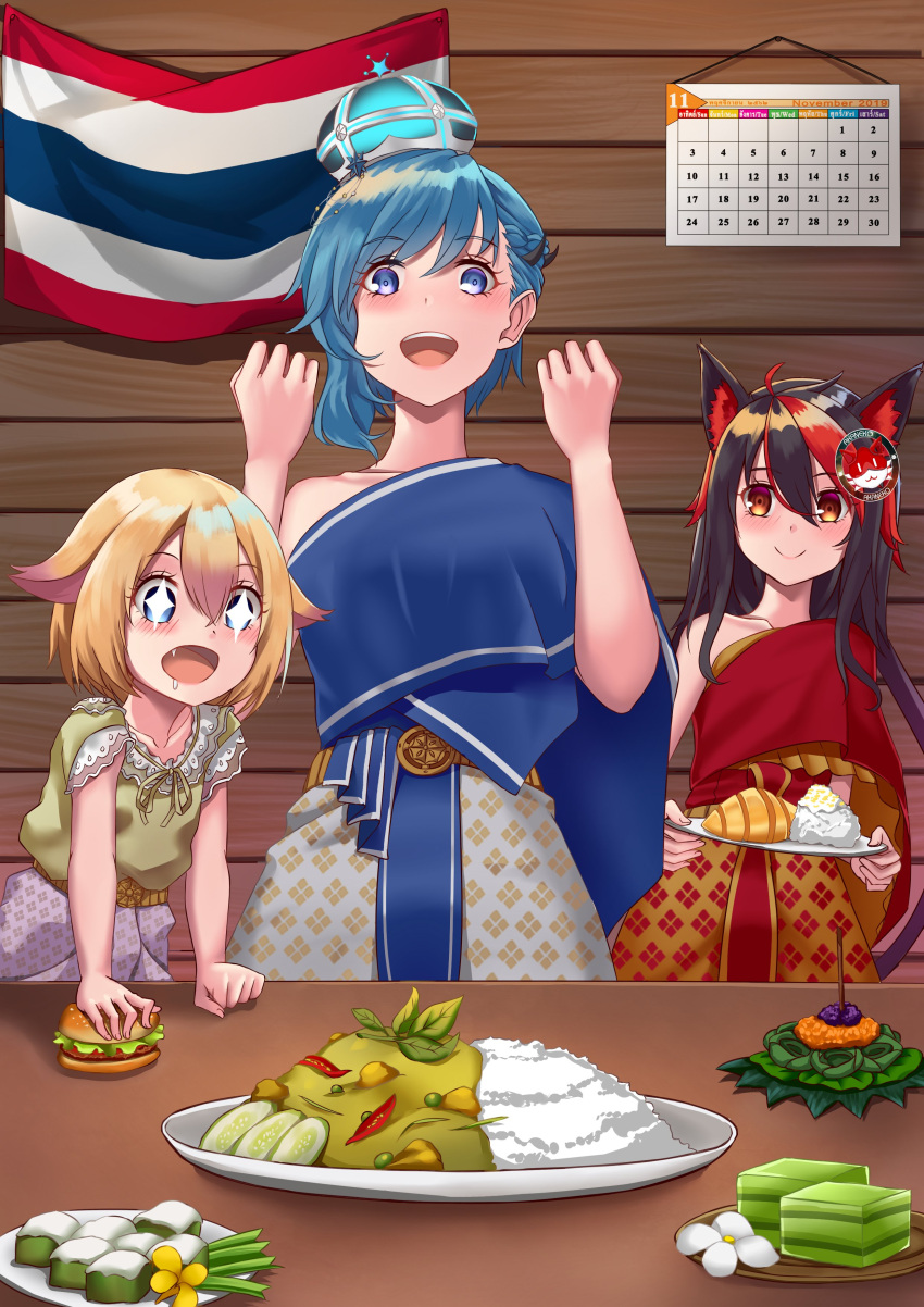 +_+, 3girls, absurdres, akaneko99999, akaneko_(akaneko99999), alternate_costume, animal_ears, black_hair