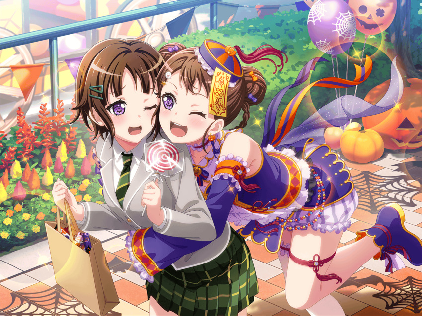 2girls, alternate_hairstyle, balloon, bang_dream!, blush, brown_hair, decorations, dress