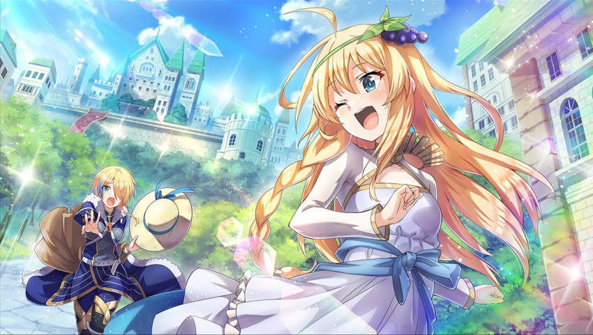 2girls, black_hair, blonde_hair, blue_eyes, blush, braid, breasts, claire_(konosuba)