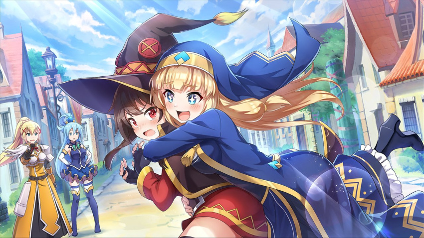 +_+, 4girls, aqua_(konosuba), armor, bandaged_leg, bandages, bare_shoulders, belt, black_hair, black_legwear, blonde_hair, blue_eyes, blue_hair, blush, breasts, cape, cecily_(konosuba), darkness_(konosuba), detached_sleeves, dress, fingerless_gloves, gloves, hair_ornament, hair_rings, hat, hug, hug_from_behind, kono_subarashii_sekai_ni_shukufuku_wo!, long_hair, looking_at_viewer, megumin, multiple_girls, official_art, open_mouth, red_dress, red_eyes, short_hair, single_thighhigh, skirt, smile, thigh-highs, very_long_hair, witch_hat