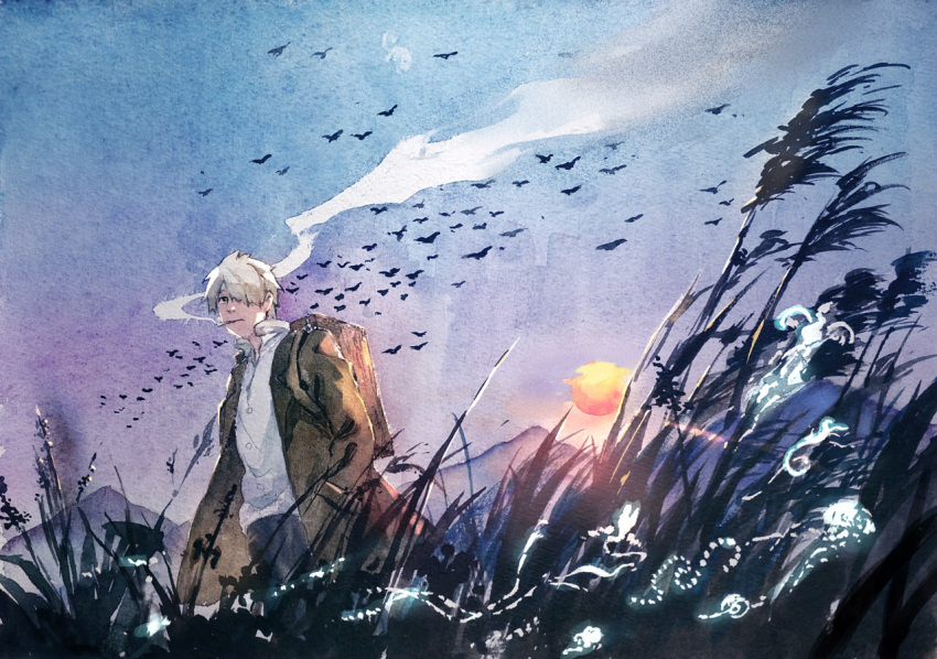 1boy, backpack, bag, brown_coat, cigarette, coat, dutch_angle, flock