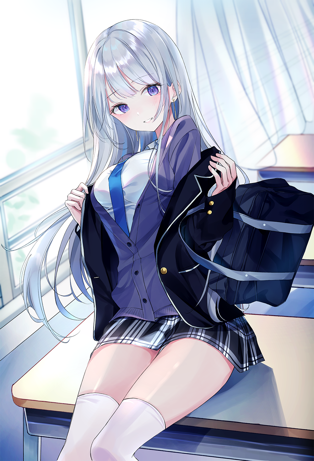 1girl, bag, black_jacket, black_skirt, blazer, breasts, buttons, collared_shirt