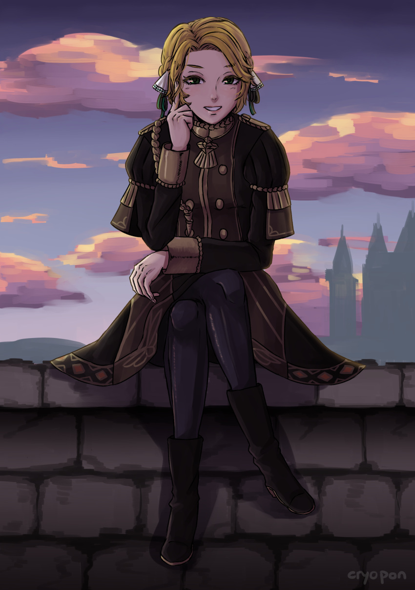 1girl, absurdres, alternate_costume, artist_name, blonde_hair, blush, boots, bow