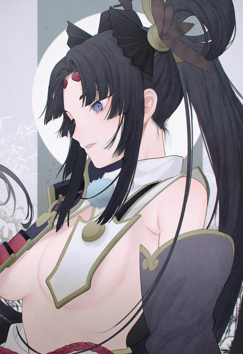 1girl, animal_ears, armor, bangs, black_hair, black_headwear, blue_eyes, breasts, circlet, commentary_request, detached_sleeves, eyebrows_visible_through_hair, fate/grand_order, fate_(series), hair_rings, head_feathers, highres, japanese_armor, kusazuri, long_hair, long_sleeves, looking_down, medium_breasts, mismatched_sleeves, nose, parted_bangs, parted_lips, rope, shoulder_armor, side_ponytail, sidelocks, sode, solo, under_boob, upper_body, ushiwakamaru_(fate/grand_order), very_long_hair, wakahiko