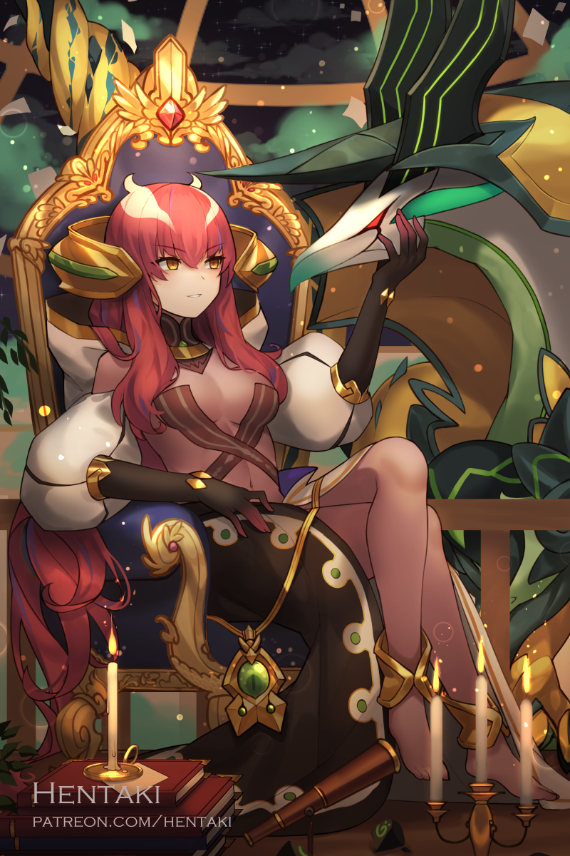 1girl, akasha_(dragalia_lost), bodysuit, candle, dragalia_lost, dragon, gloves, hastur_(dragalia_lost), headgear, hentaki, highres, holding, jewelry, long_hair, multicolored_hair, nintendo, parted_lips, see-through, smile, solo, throne, very_long_hair, yellow_eyes